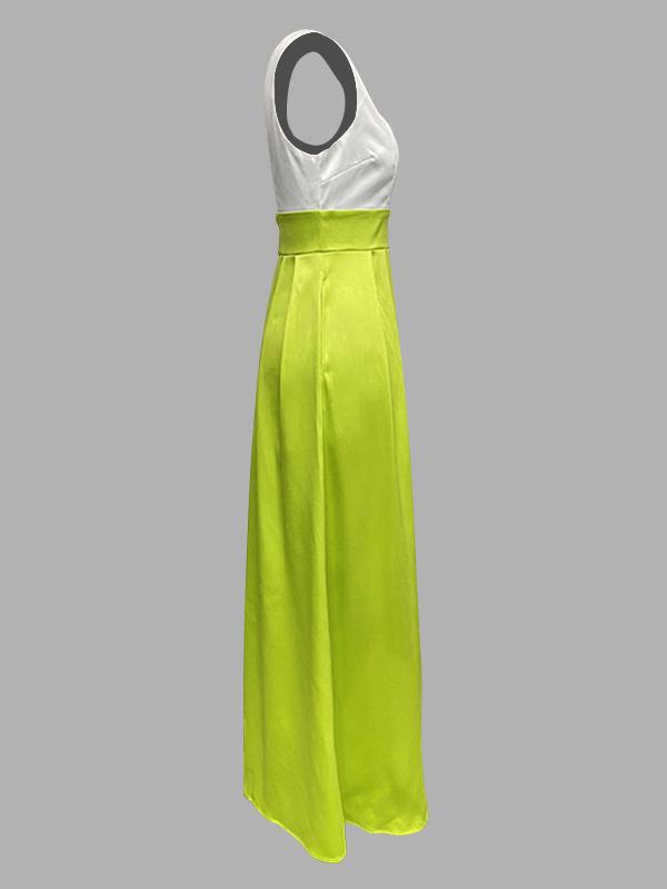 A-Line High Waisted Contrast Color Pleated Zipper Deep V-Neck Maxi Dresses Product Image