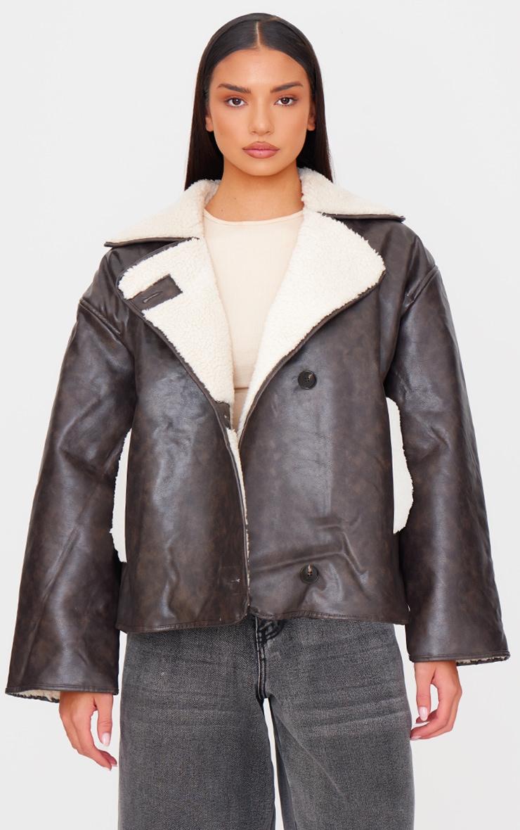 Washed Brown Distressed Faux Leather Borg Contrast Aviator Jacket Product Image