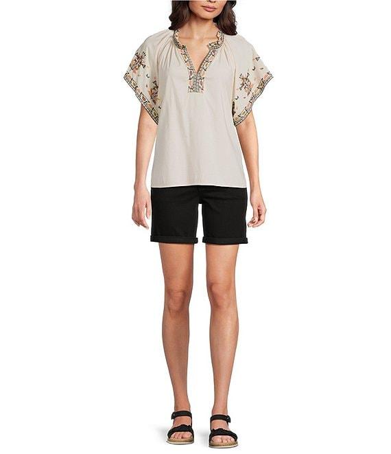 Democracy Floral Embroidered Ruffle Split V-Neck Short Batwing Sleeve Top Product Image