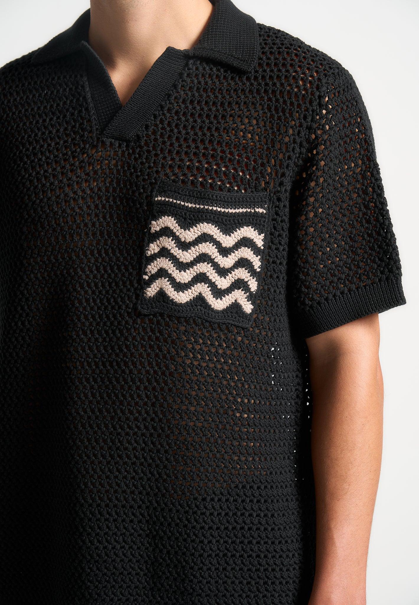 Crochet Knit Polo Shirt  - Black Male Product Image