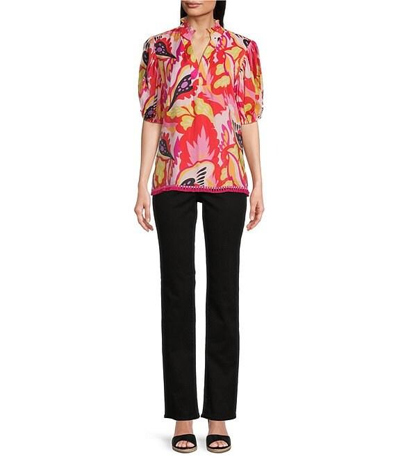 Calessa Petite Size Woven Modern Abstract Print Ruffled Split V-Neck Elbow Sleeve Tunic Product Image