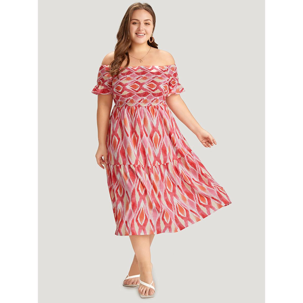 Plus Size Geometric Print Pocket Shirred Ruffles Sleeve Off Shoulder Dress Multicolor Women Elegant One-shoulder neck Short sleeve Curvy Midi Dress BloomChic 28/5X Product Image