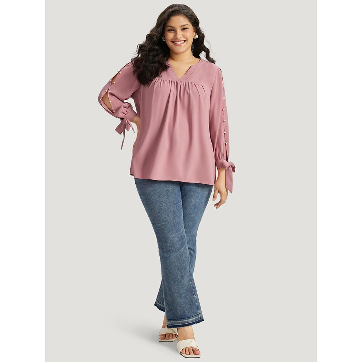 Plus Size DustyPink Plain Pleated Ties Beaded Notched Blouse Women Elegant Long Sleeve Notched collar Dailywear Blouses BloomChic 18-20/2X Product Image