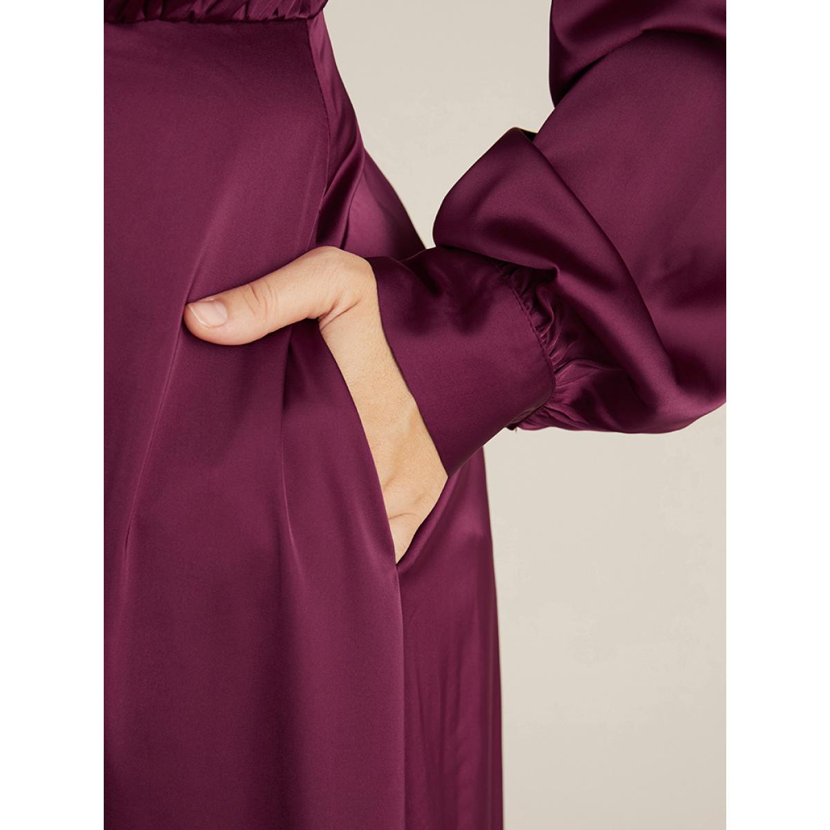 Plus Size Solid Pocket Keyhole Mock Neck Satin Midi Dress RedViolet Women Party Pocket Mock Neck Long Sleeve Curvy Midi Dress BloomChic 10/M Product Image