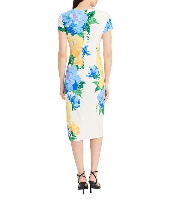 Maggy London Matte Jersey Floral Placement Print Crew Neck Short Sleeve Midi Dress Product Image