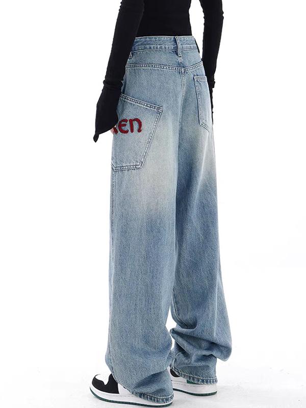 Red Letter Embroidery Boyfriend Jeans Product Image