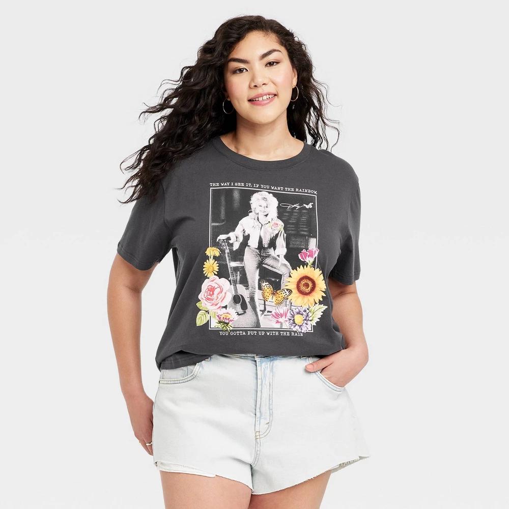 Women's Dolly Parton Floral Short Sleeve Graphic T-Shirt - Black Product Image