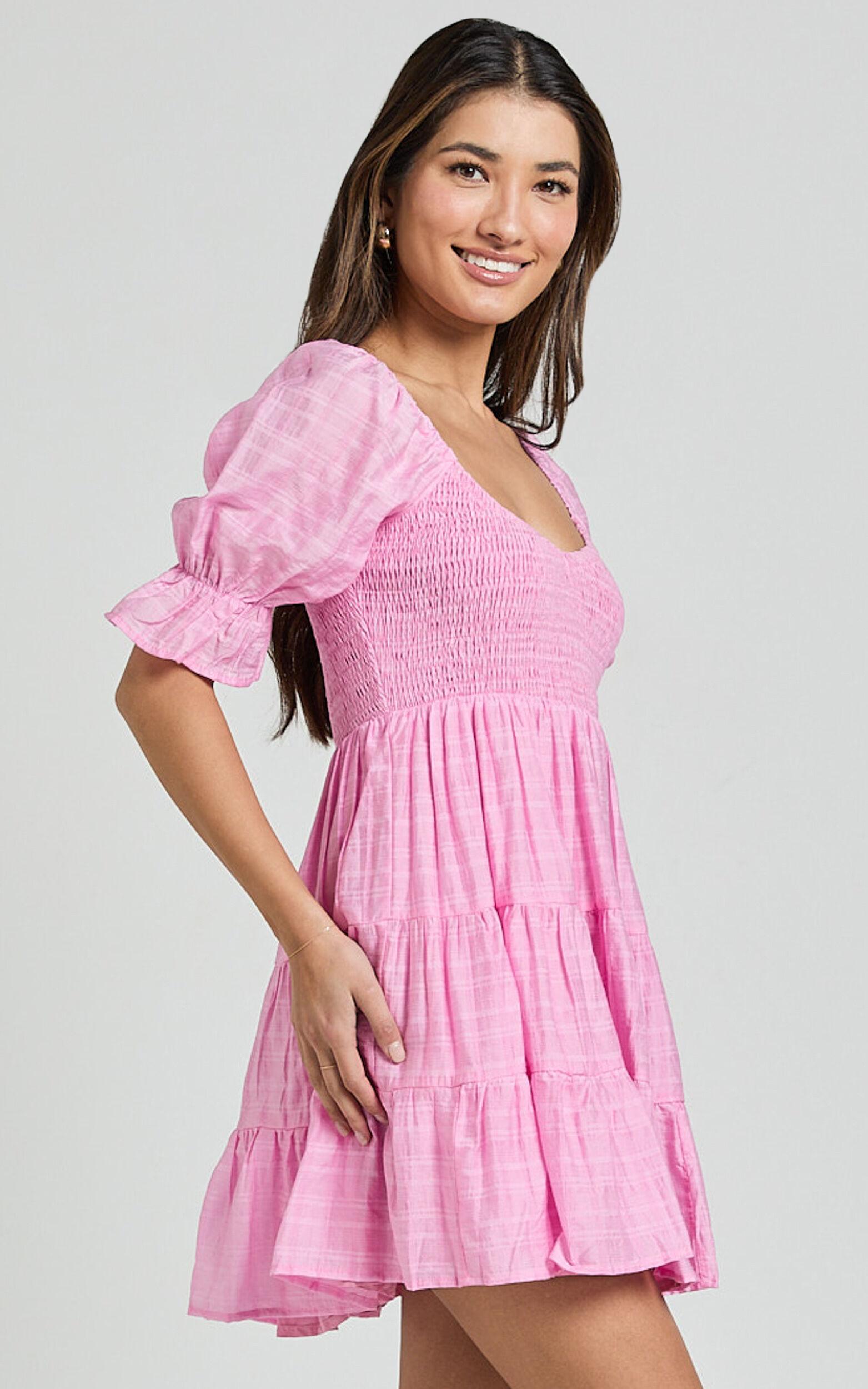 Britany Mini Dress - Shirred Puff Sleeve Tiered Dress in Pink Product Image