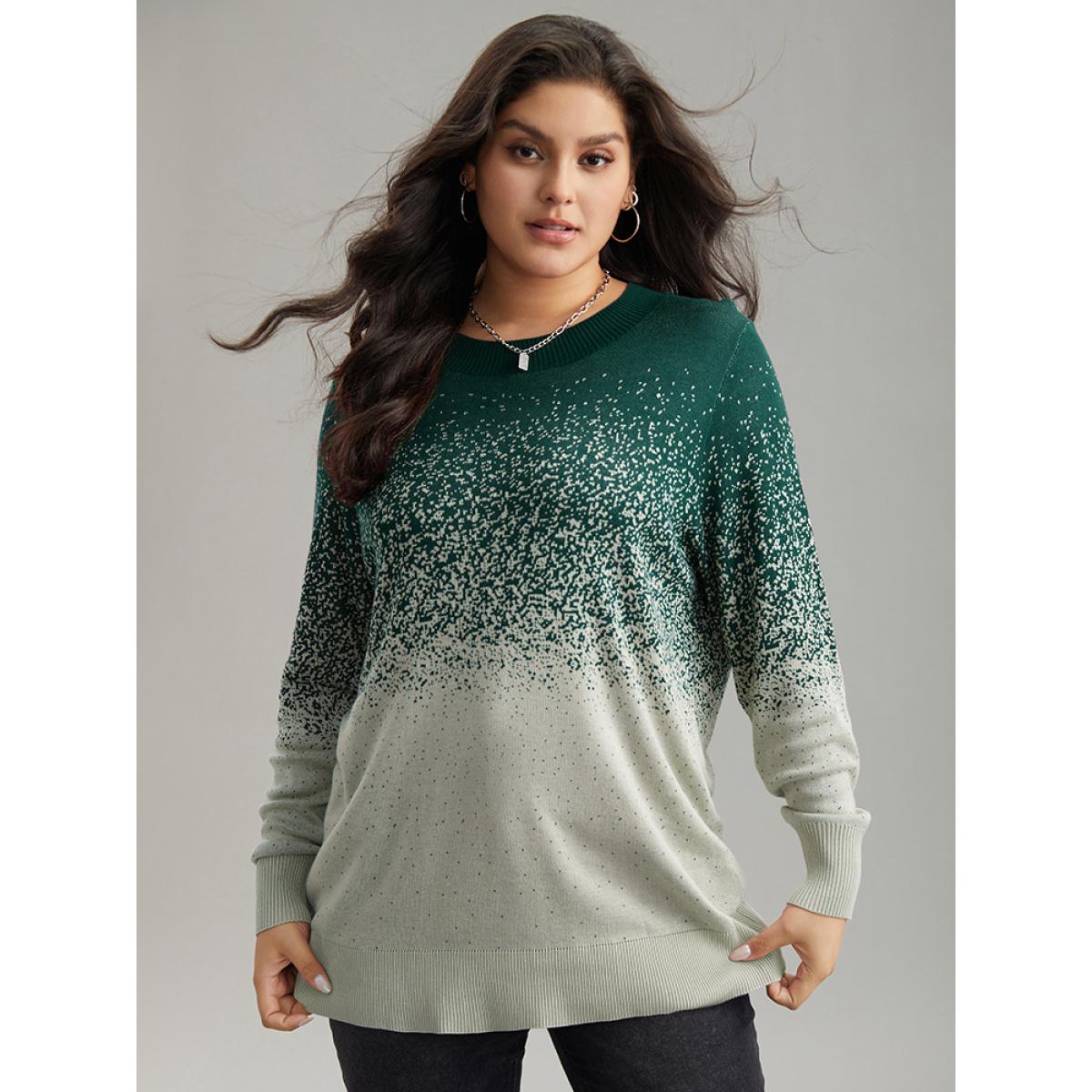Plus Size Supersoft Essentials Ombre Elastic Cuffs Pullover DarkGreen Women Casual Loose Long Sleeve Round Neck Dailywear Pullovers BloomChic 18-20/2X Product Image