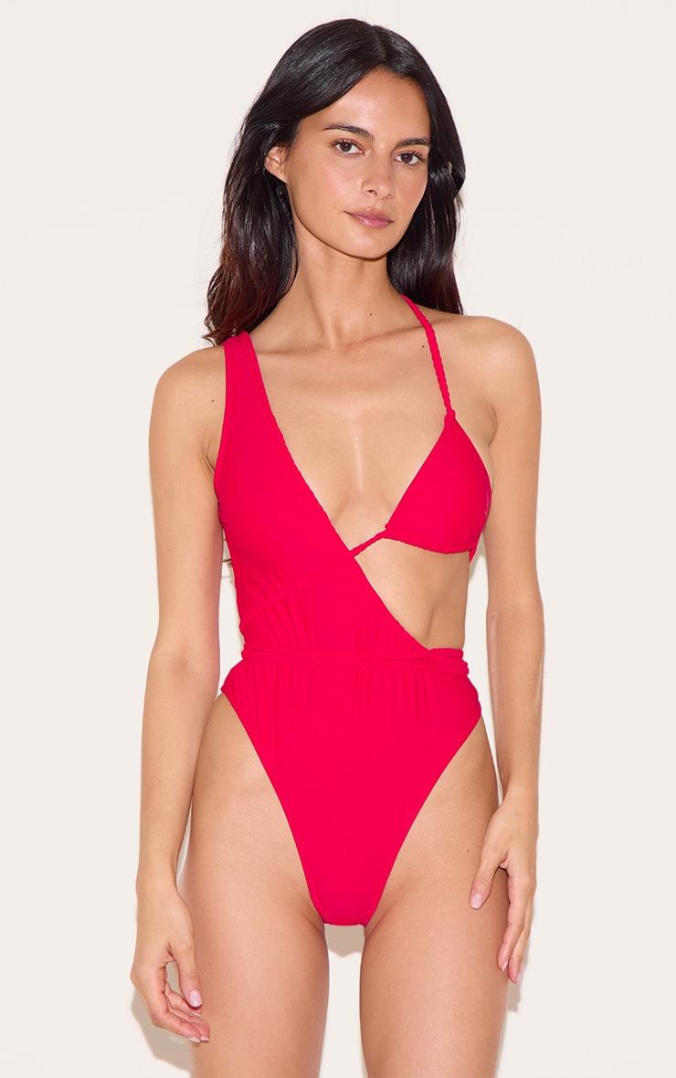 Red Plait Detail Asymmetric Swimsuit Product Image
