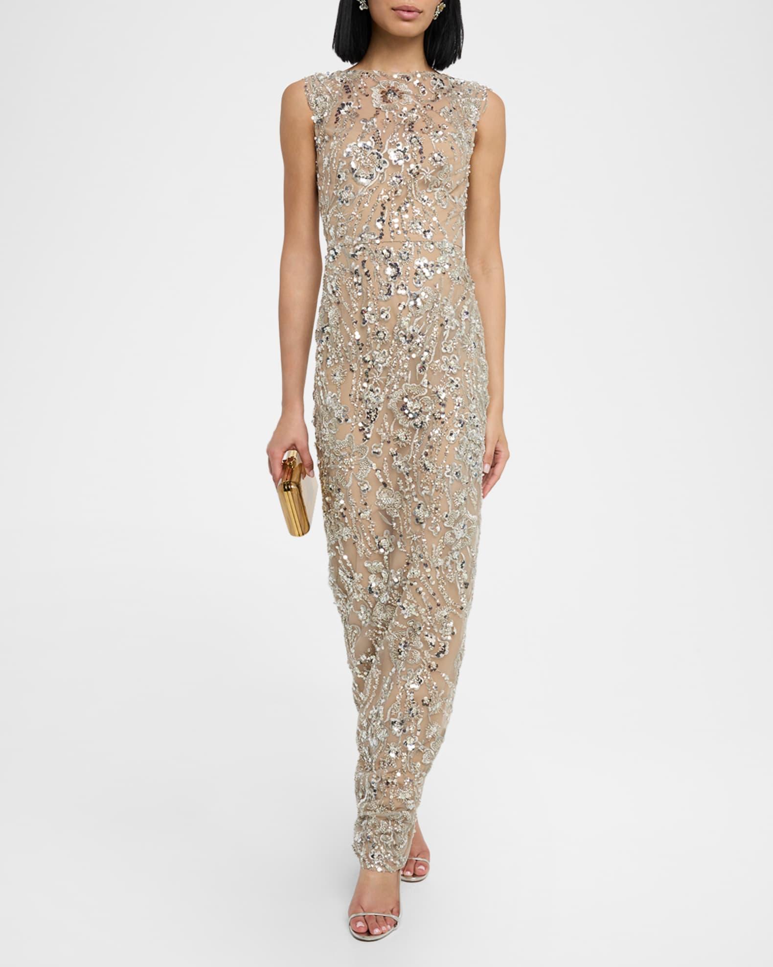 Violet Bead & Sequin Floral-Embroidered Gown Product Image