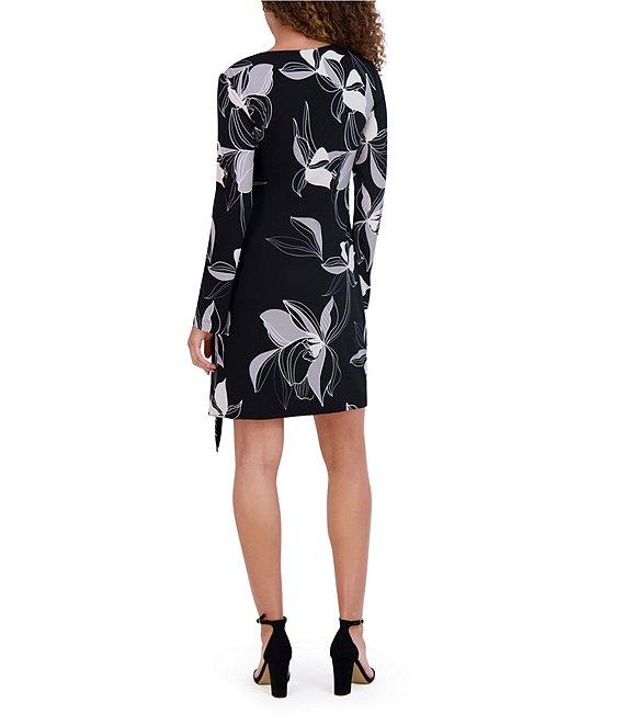 Kensie Long Sleeve Abstract Floral Jersey Faux Wrap Dress Product Image