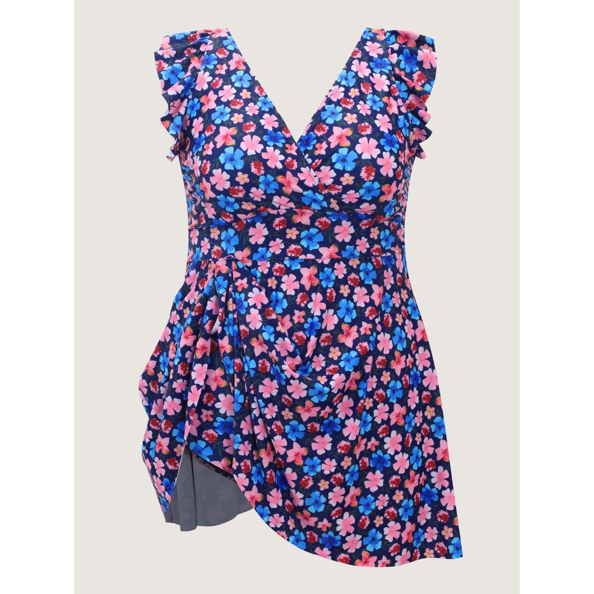 Plus Size Floral Flutter Sleeve Flowy Swim Dress Women's Swimwear Indigo Resort Bodycon Overlap Collar High stretch Curve Swim Dresses BloomChic 18-20/2X Product Image