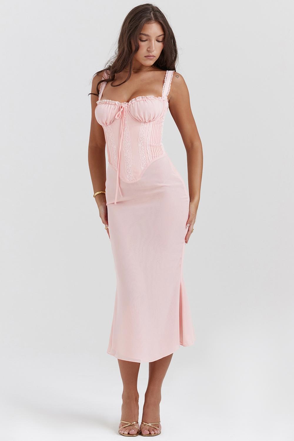Syrah  soft peach lace back midi dress Product Image