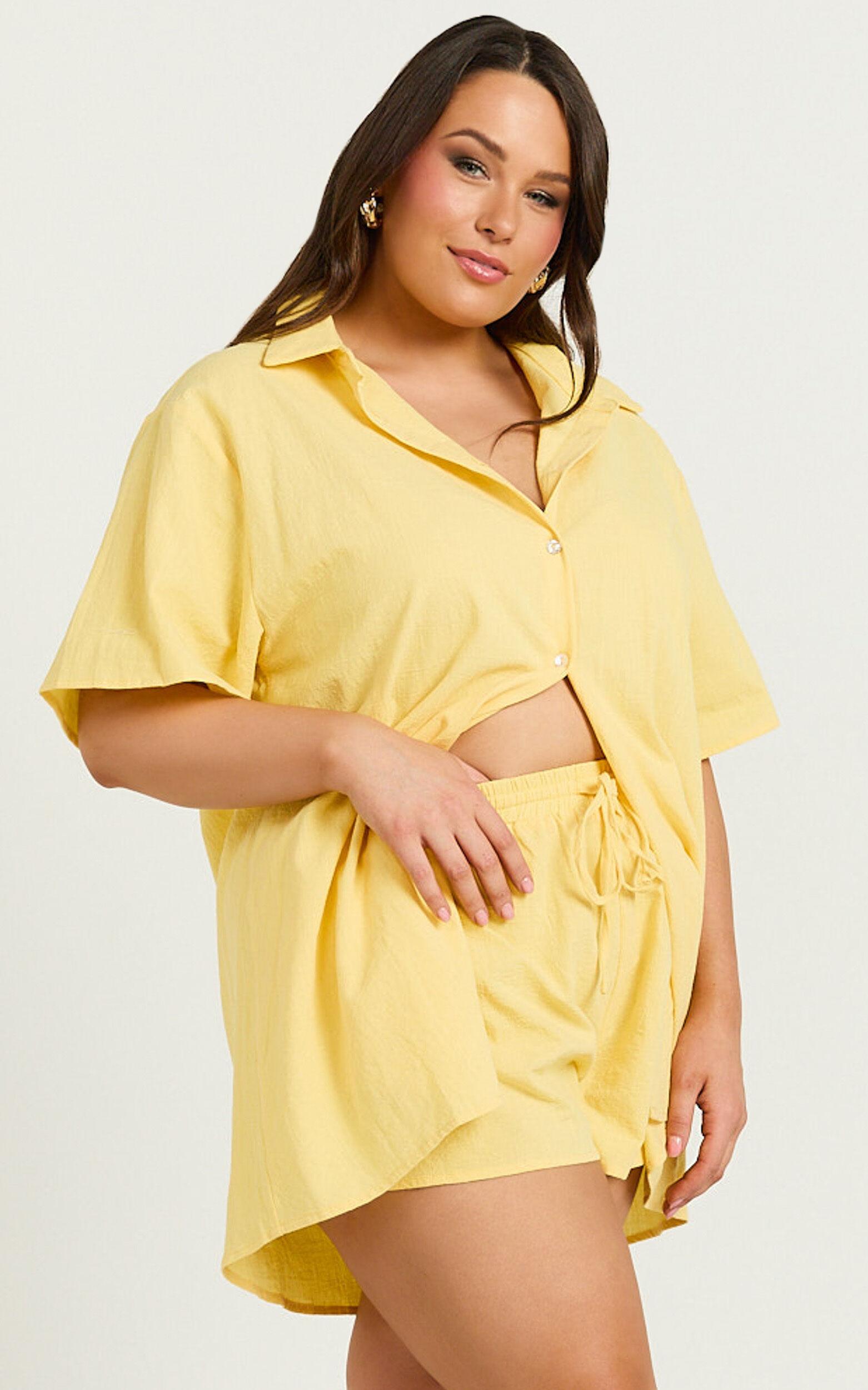 Vina Del Mar Two Piece Set - Linen Look Shirt and Shorts Set in Yellow Product Image