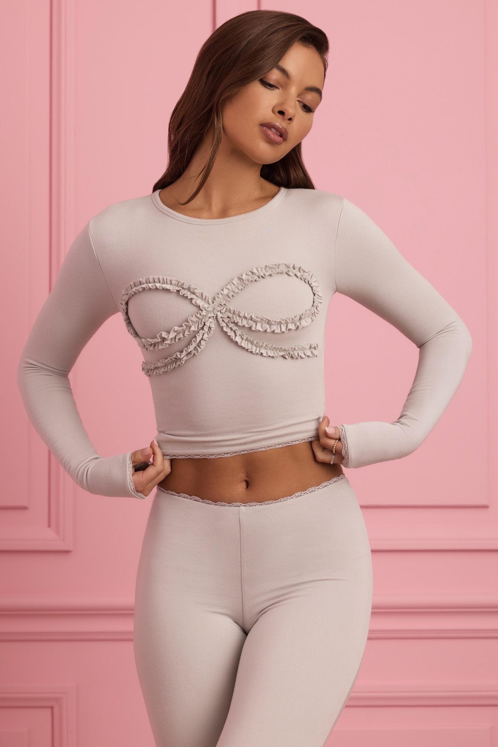 Lace-Trim Appliqué Pyjama Top in Cloud Grey Female Product Image