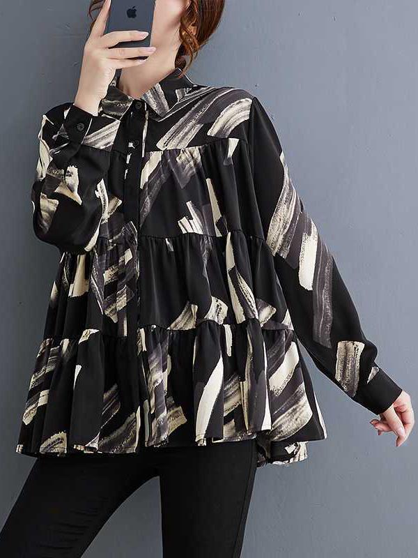Long Sleeves Loose Pleated Printed Split-Joint Lapel Blouses Product Image