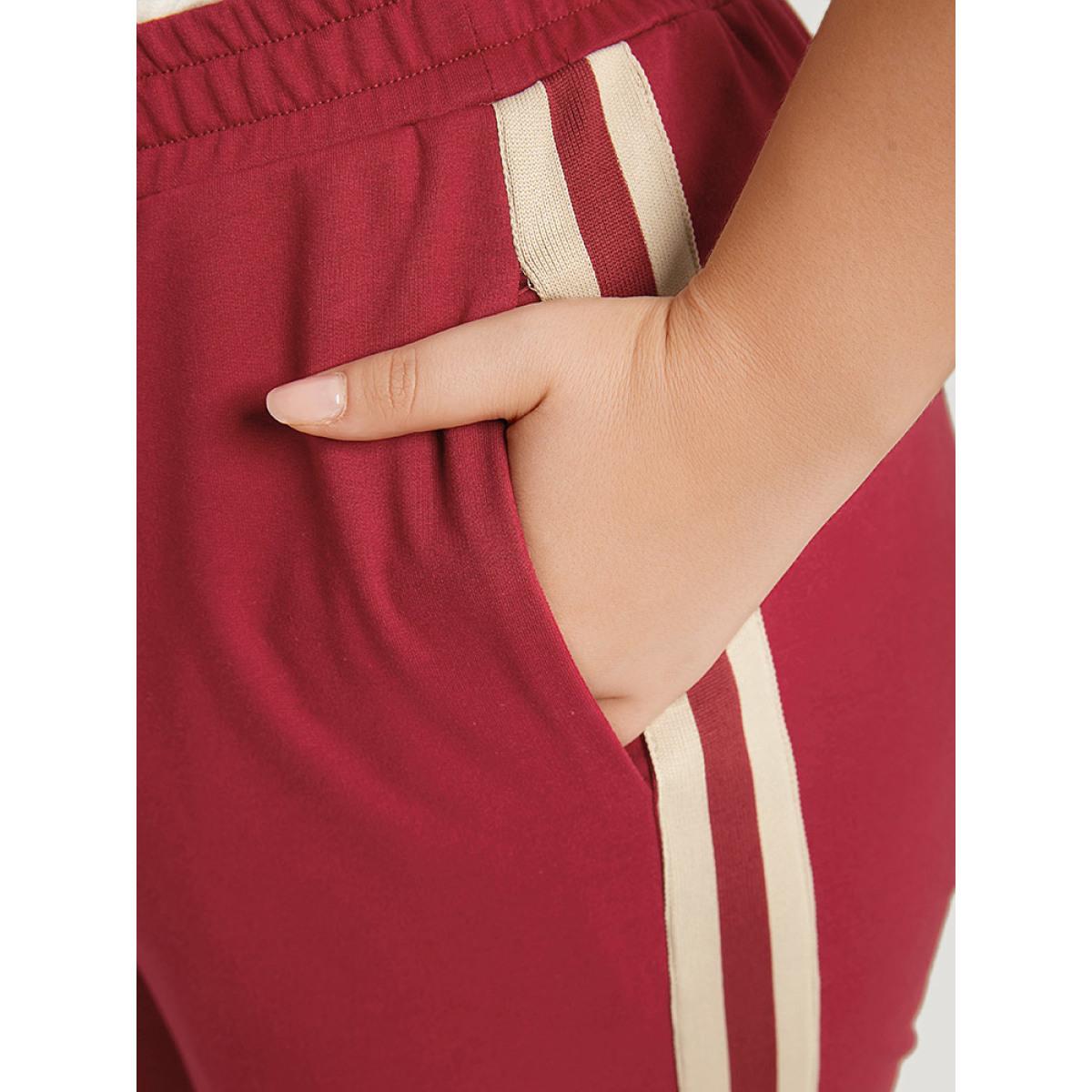Two Tone Pocket Split Side Elastic Waist Sweatpants Scarlet Plus Size Women Casual Dailywear Contrast 18-20/2X Bloomchic Product Image