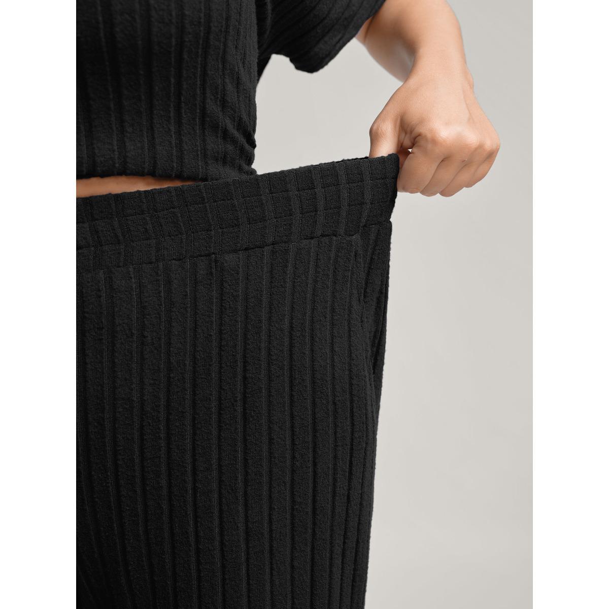 Plus Size Stretchy Pit Strip Solid Loungewear Set Women DarkSlateGray Texture Short sleeve Round Neck Leisure Loungewear Sets BloomChic 18-20/2X Product Image