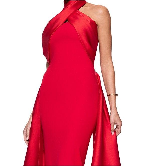 Betsy & Adam Twist Front Halter Sleevess Mixed Media Column Gown With Overlay Product Image