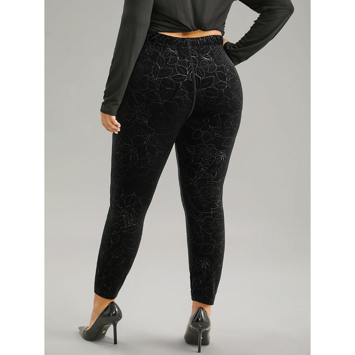 Plus Size Velvet Silhouette Floral Print High Rise Leggings Women Black Elegant High stretch Skinny High Rise Dailywear Leggings BloomChic 26/4X Product Image