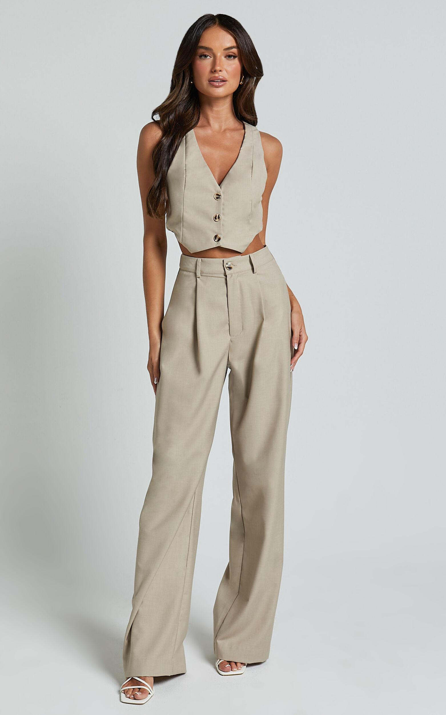 Izara Trousers - Mid Rise Relaxed Straight Leg Tailored Trousers in Oatmeal Product Image