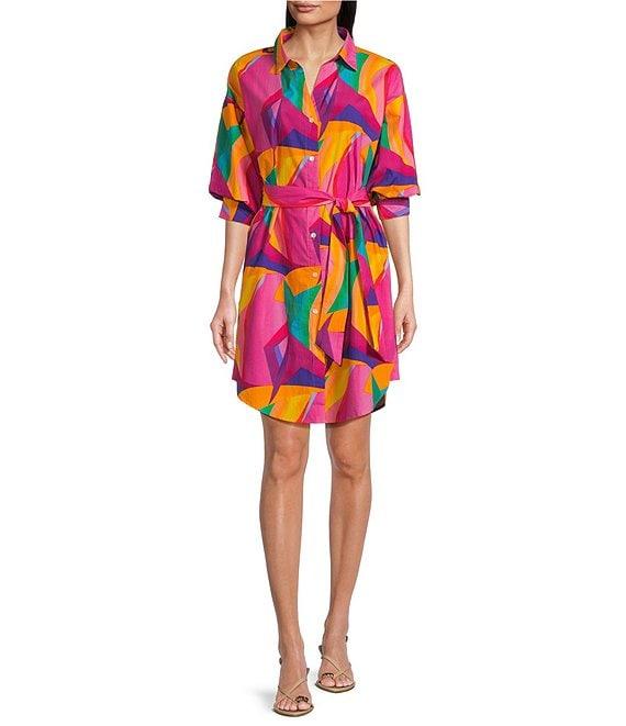 APNY Abstract Print Spread Collar 3/4 Puff Sleeve Self Belt Shirt Dress Product Image