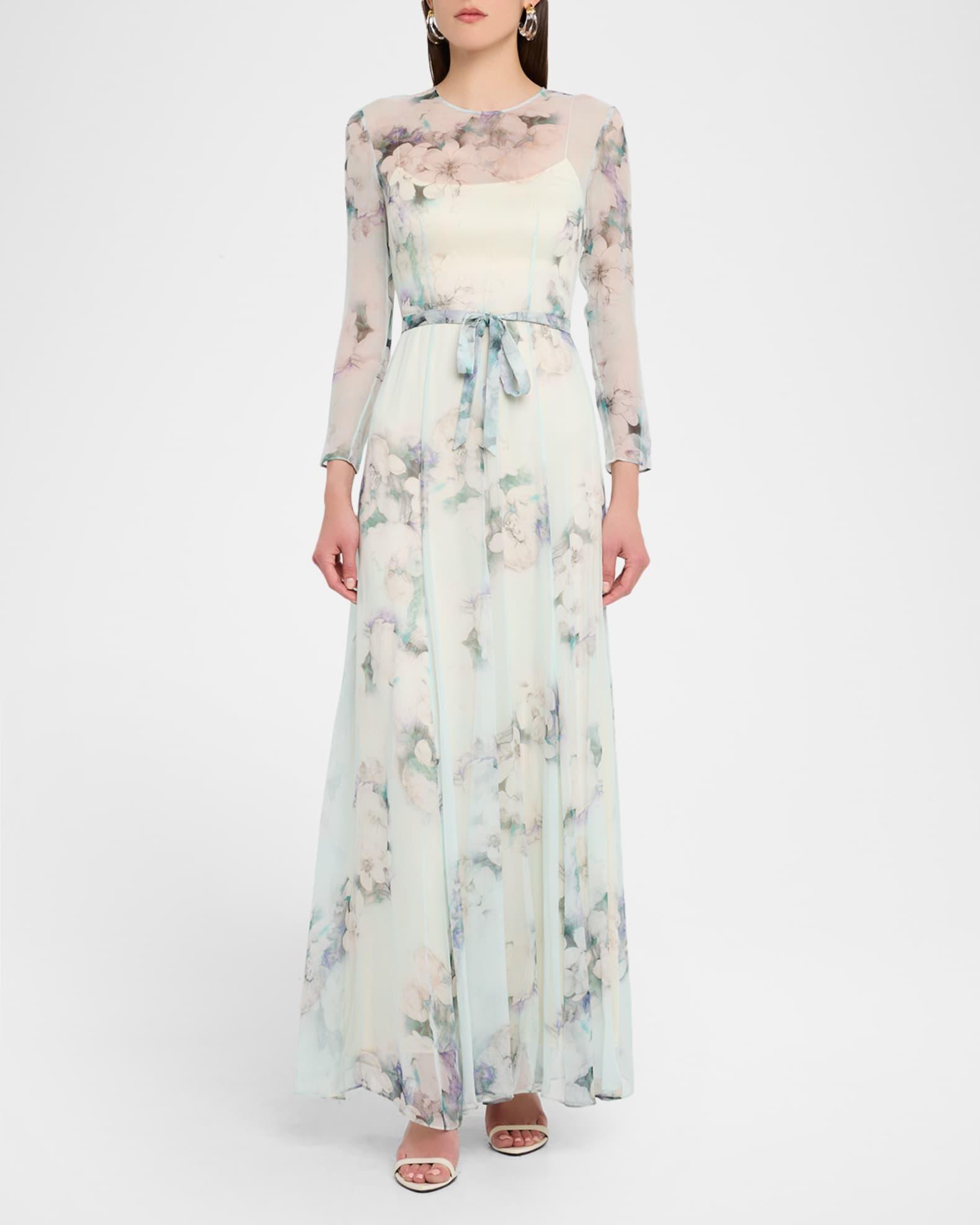 Floral-Print Chiffon Long-Sleeve Maxi Dress Product Image