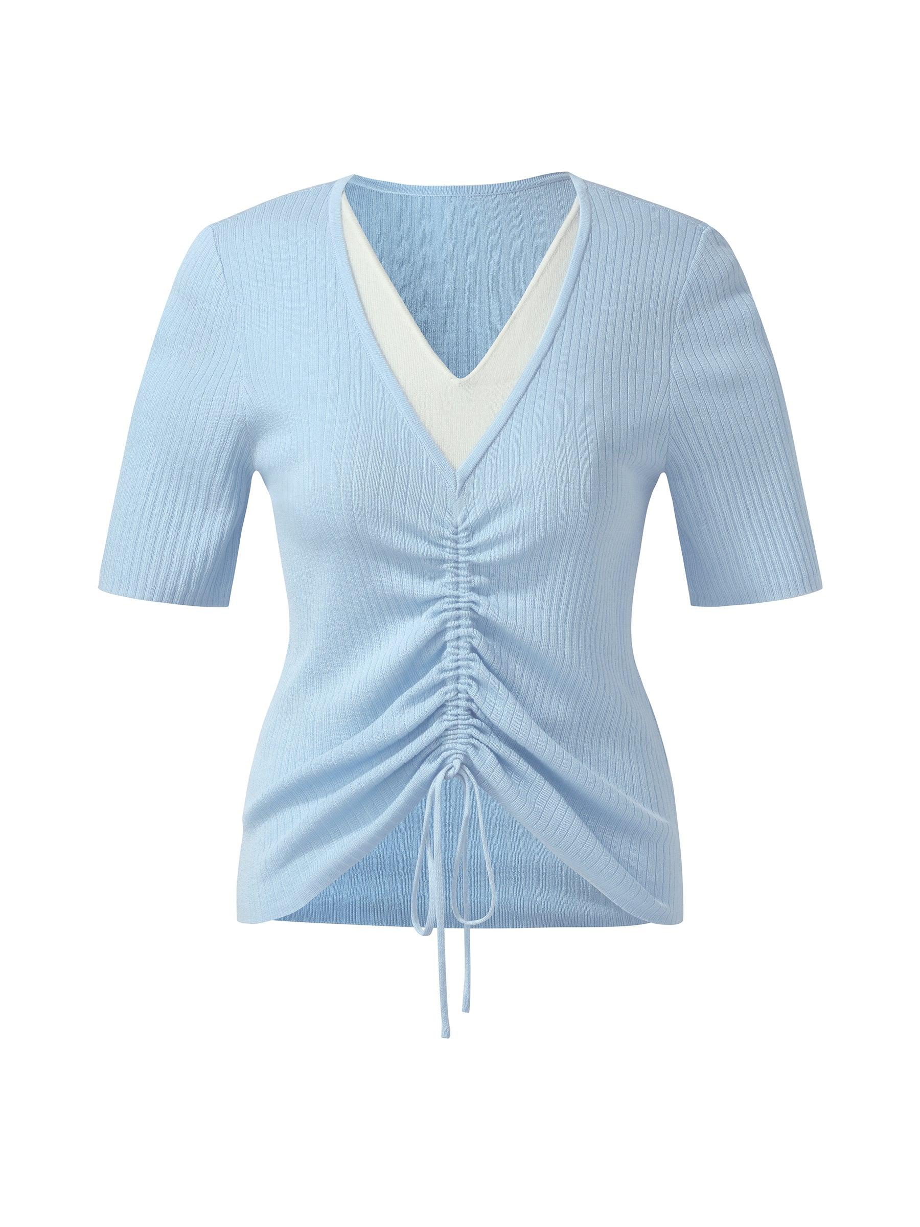 Lyocell Blend Drawstring Women Patchwork Knit Top Product Image