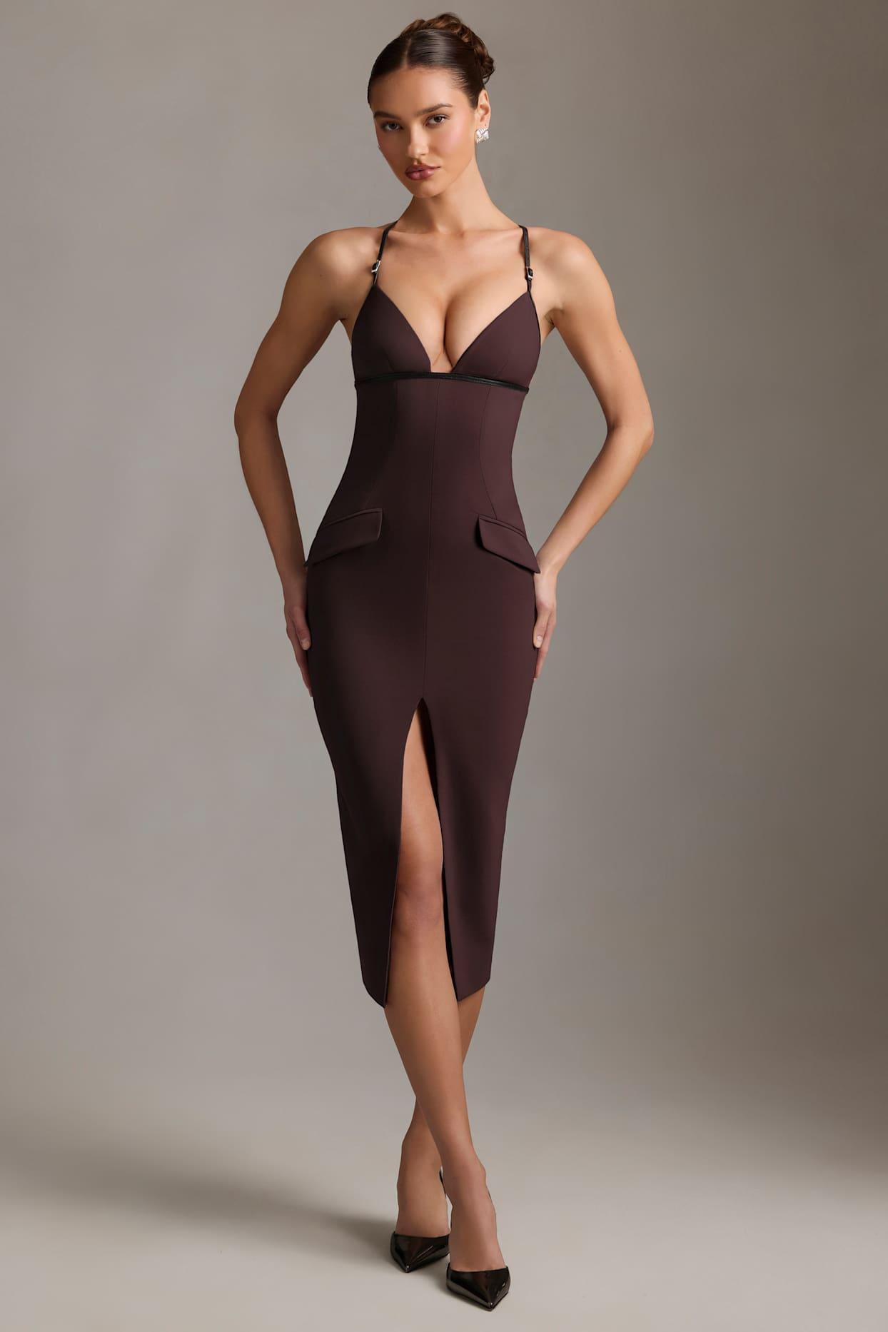 Plunge-Neck Backless Midaxi Dress in Chocolate Brown Product Image