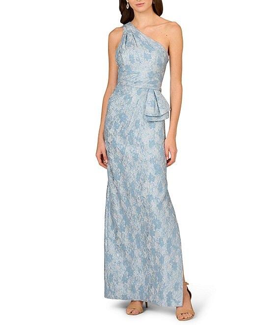 Aidan Mattox Stretch Jacquard One Shoulder Neck Sleeveless Bow Waist Column Dress Product Image