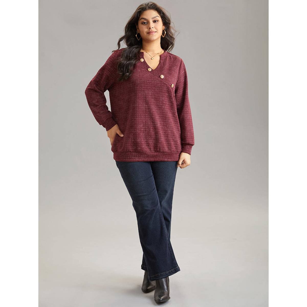 Plus Size Plain Textured Notched Button Detail Sweatshirt Women Burgundy Casual Texture Notched collar Dailywear Sweatshirts BloomChic 18-20/2X Product Image