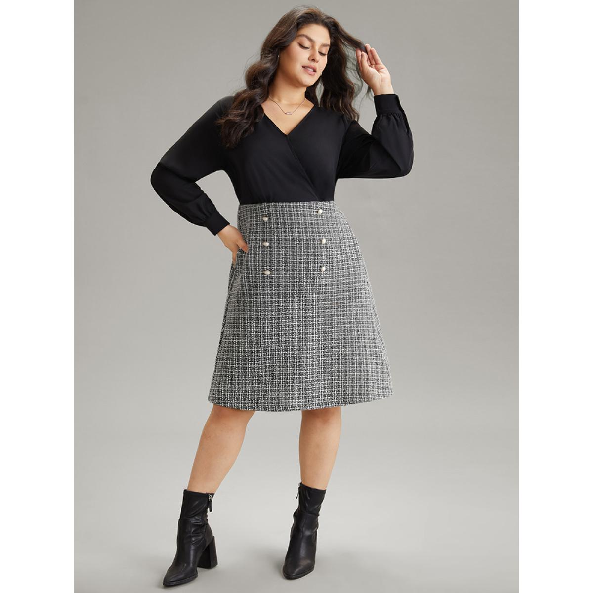 Plus Size Gingham Coarse Tweed Pocket Overlap Collar Dress Black Women Elegant Texture Overlap Collar Long Sleeve Curvy Midi Dress BloomChic 12/L Product Image