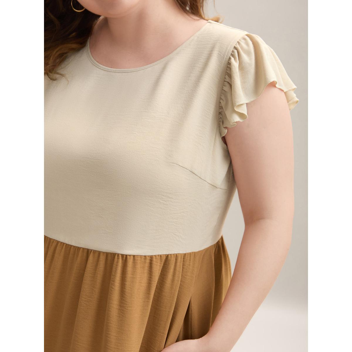 Plus Size Color Block Ruffled Sleeve Tiered Midi Dress LightBrown Women Casual Contrast Round Neck Cap Sleeve Curvy BloomChic 18-20/2X Product Image