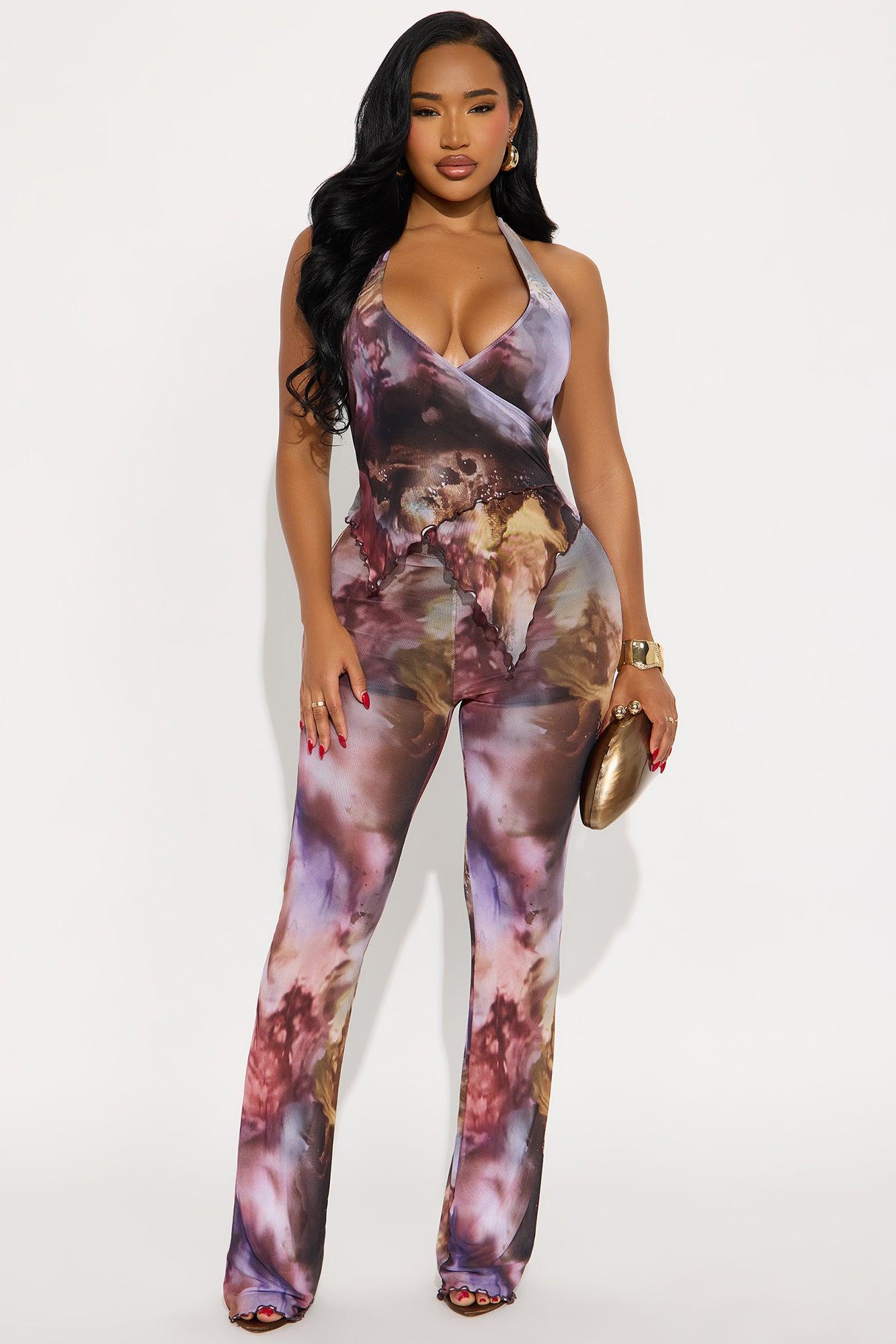 After Dark Mesh Flare Leg Jumpsuit - Plum/Multi Female Product Image