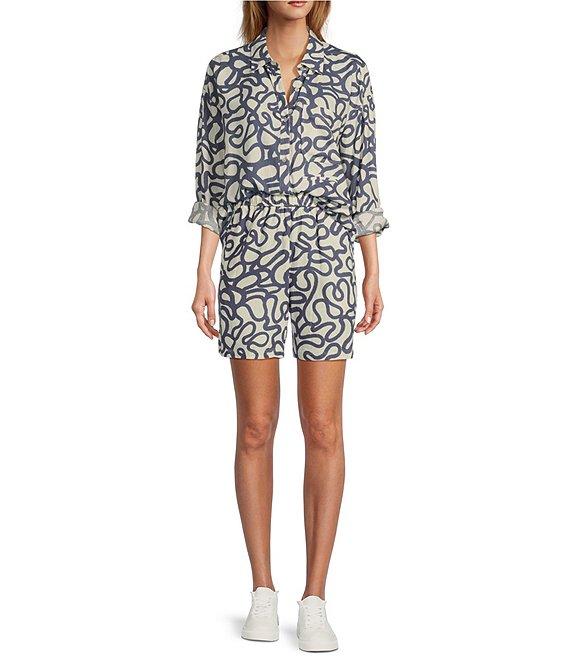 Every Linen Doodle Print Linen Blend V-Neck Long Sleeve Button Front Coordinaitng Blouse Product Image