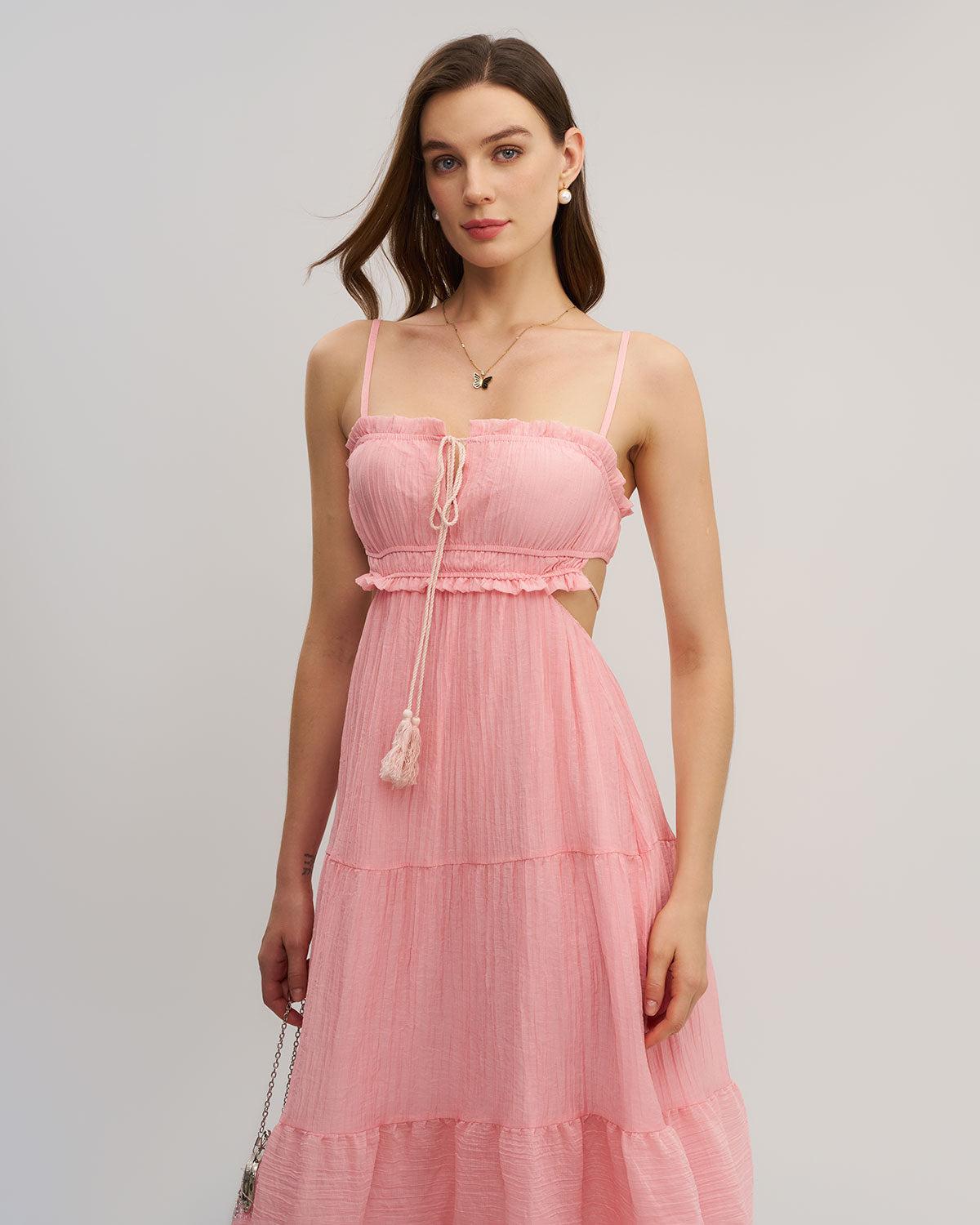 Pink Ruffle Slip Midi Dress Product Image