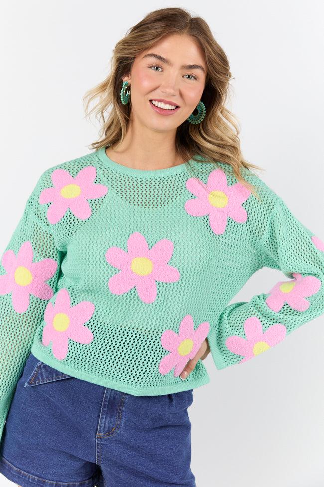 Follow You Around Mint And Pink Flower Embroidered Sweater FINAL SALE Product Image