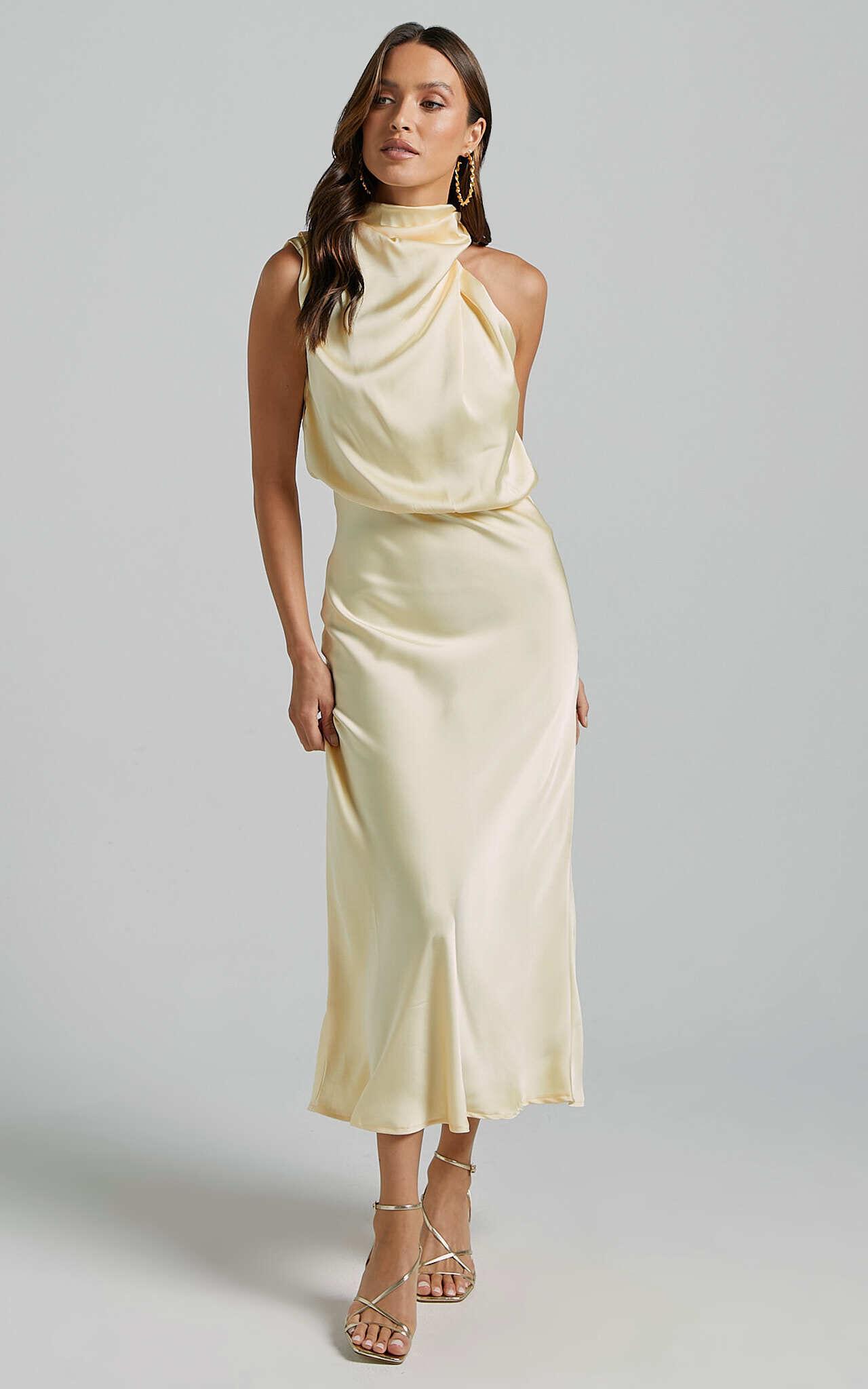 Minnie Midi Dress - Drape Neck Satin Slip Dress in Butter Yellow Product Image