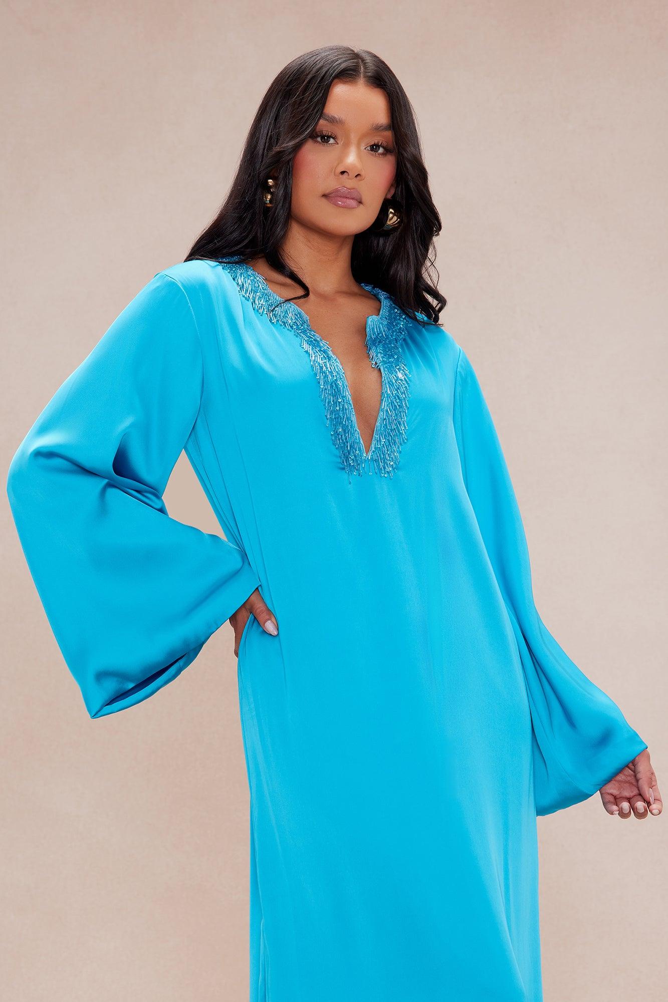 Silas Satin Kaftan Maxi Dress - Turquoise Product Image