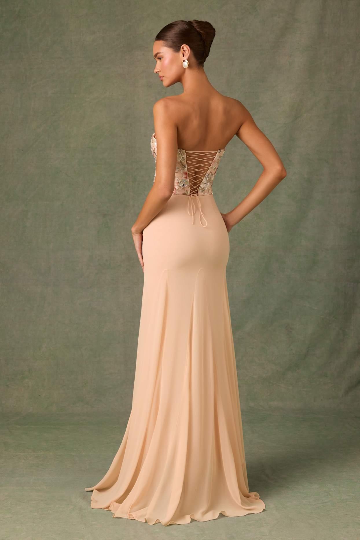 Embellished Corset Fishtail Gown in Floral Beige Product Image