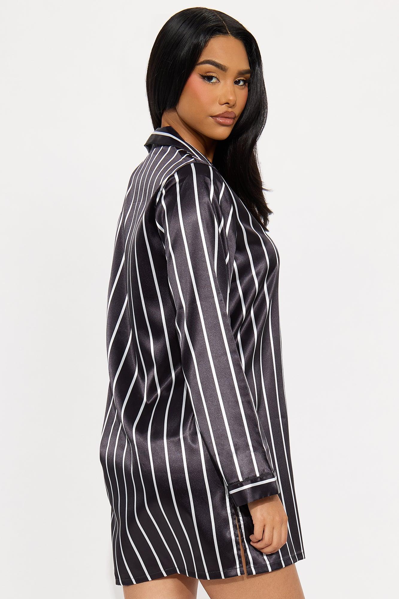 Elle Satin Long Sleeve PJ Sleep Shirt - Black/White Female Product Image