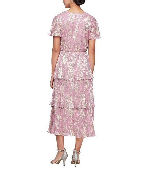 Ignite Evenings V-Neck Tiered Metallic Foil Midi Dress Product Image