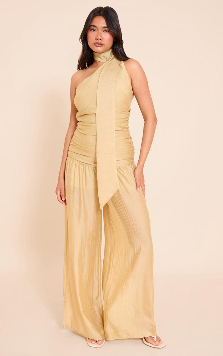Mustard Textured One Shoulder Scarf Detail Jumpsuit Product Image