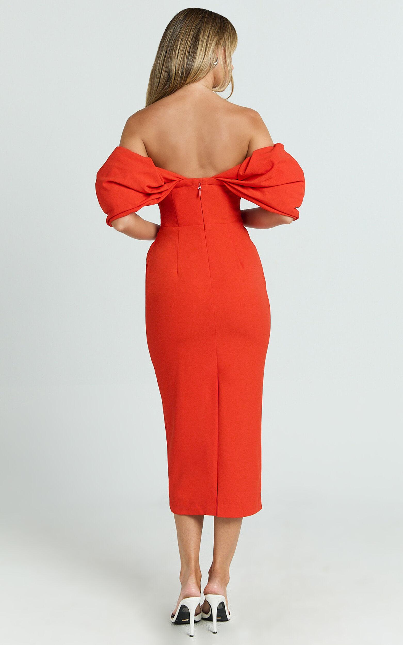 Lohan Midi Dress - Off Shoulder Puff Sleeve in Orange Product Image