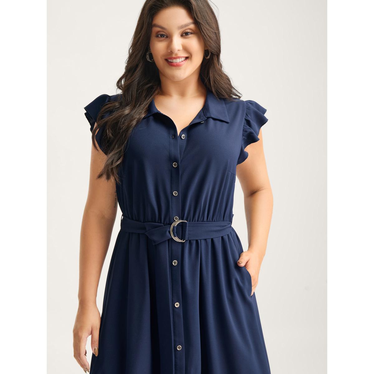 Plus Size Flutter Sleeve Belted Shirt Dress DarkBlue Women Shirt collar Cap Sleeve Curvy BloomChic 18-20/2X Product Image