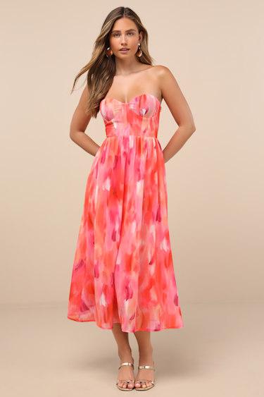 Aysel Coral Pink Abstract Strapless Bustier Midi Dress Product Image