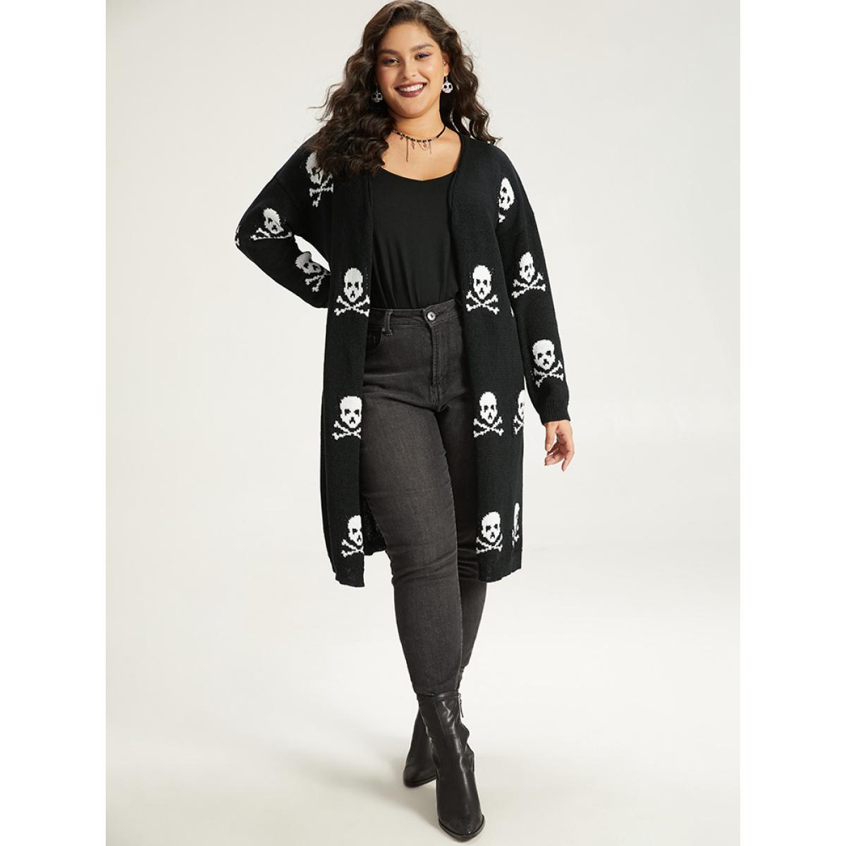 Plus Size Halloween Skull Print Split Side Drop Shoulder Maxi Cardigan Black Women Casual Loose Long Sleeve Festival-Halloween Cardigans BloomChic 26/4X Product Image
