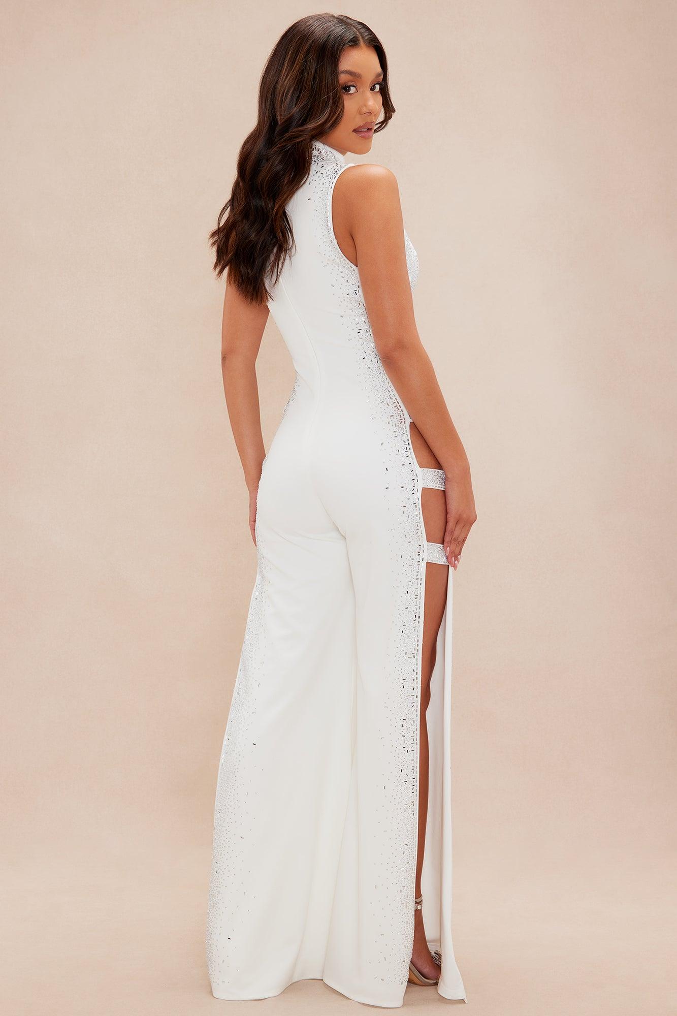 Heather Embellished Wide Leg Jumpsuit - White Product Image