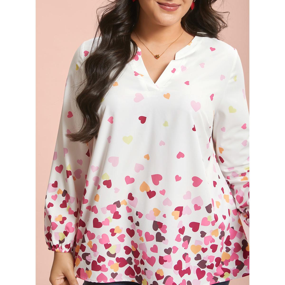 Plus Size WhiteSmoke Notched Collar Multi-Color Hearts Blouse Women Timeless Extra Long Sleeve Flat collar with V-notch Elegant Blouses BloomChic 14-16/1X Product Image